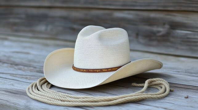 Traditional white straw cowboy hat and Western lariat lasso with leather roper boots against a rustic weathered barn wood background.
