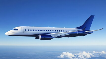 Fototapeta premium Airplane Side View. Passenger Jet Plane with Extended Gear Flying Up High in Blue Sky Background