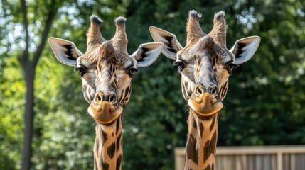 Obraz premium Two majestic giraffes with long necks and patterned coats standing closely together, framed by lush greenery in a natural setting.