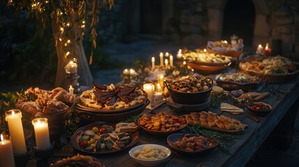 Fototapeta premium A 4K photo capturing a beautifully set table, full of delicious food and appetizers, with candles placed all around the table