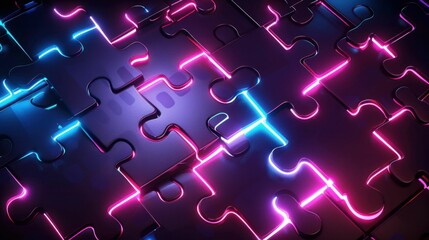 neon puzzle pieces, colorful background, abstract art, modern design, glowing elements, vibrant colors