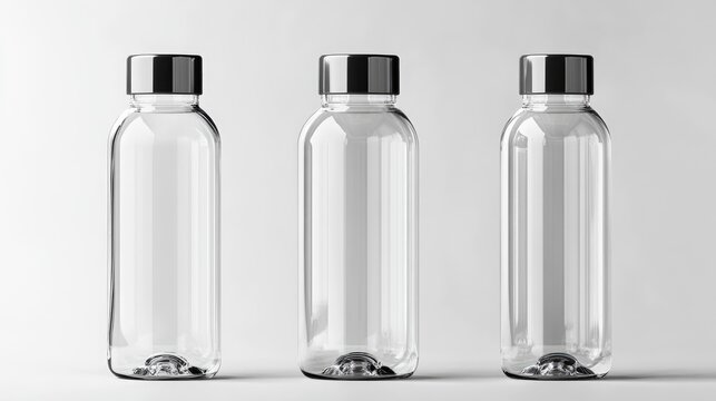 Clear water bottle trio with metallic caps positioned against a clean white background, showcasing a sleek and modern design.