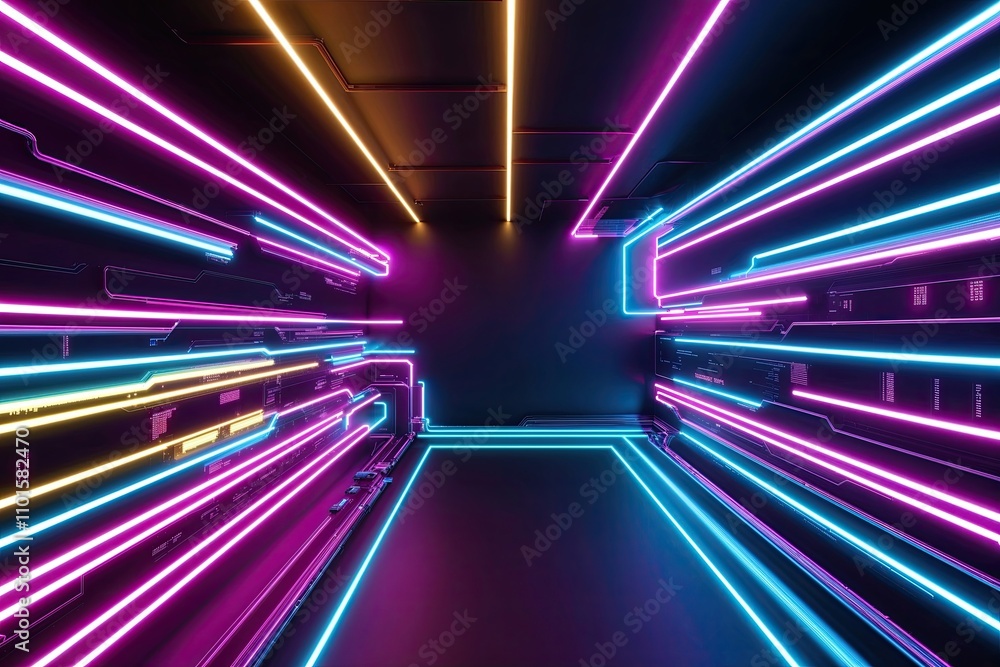 Poster three dimensional abstract neon background with vibrant glowing lines and advanced digital data tran