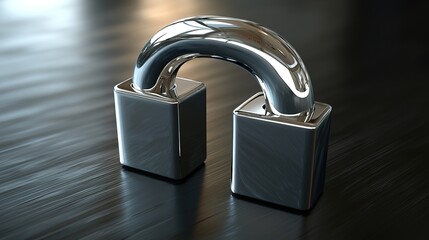 Naklejka premium A shiny, metallic padlock with a unique design, featuring a curved shackle and square bodies, resting on a dark surface.