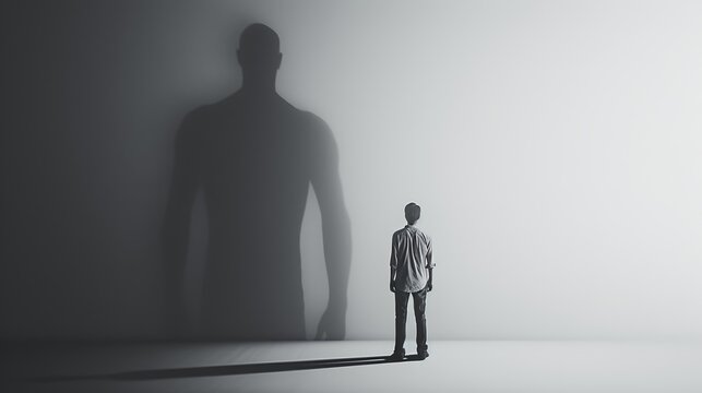 A man stands facing a wall, his back to the camera, with a giant shadow towering over him. The image plays with scale, light, and evokes introspective themes of fear or confronting inner demons.