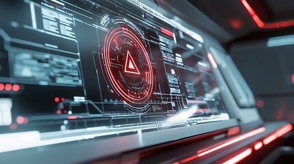 A futuristic digital interface featuring red accents, geometric shapes, and complex data displays, emphasizing technology and innovation.