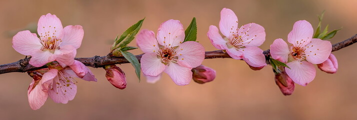 Close-up of blooming peach blossom branch, showcasing its soft pink flowers against a natural background, symbolizing longevity and new beginnings in Chinese culture. Horizontal banner with copy space