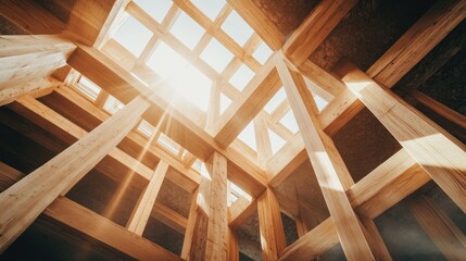 Wooden framework of a building under construction with sunlight filtering through, showcasing intricate carpentry and the atmosphere of development.