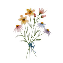 A beautiful watercolor illustration of a delicate bouquet featuring pastel-colored wildflowers, tied together with a soft blue ribbon. The design captures a charming, rustic aesthetic