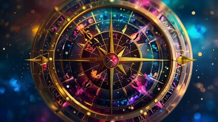Naklejka premium Abstract circular compass design with glowing lines and dots
