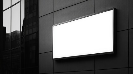Rectangular white logo mockup on a sleek dark exterior wall with reflective glass windows, ideal for branding or signage design showcases.