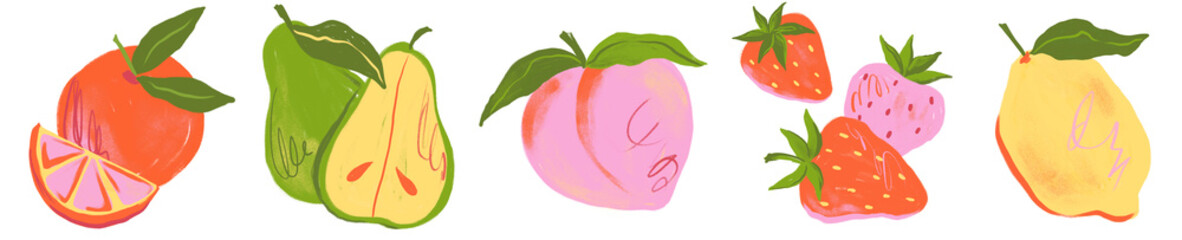 Vibrant fruit illustrations featuring strawberry, lemon, peach, orange and pear. Fun, colorful design with fruity vibes.