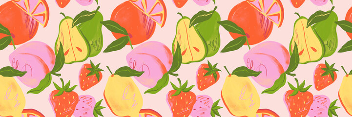 Seamless pattern of vibrant fruit illustrations featuring strawberries, lemons, peaches, oranges, and pears. Fun, colorful design with summer vibes