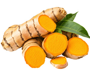 a group of turmeric root with leaves