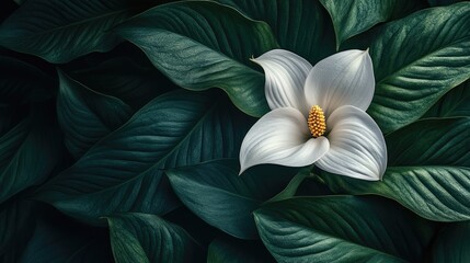 Obraz premium Elegant white flower with petals radiating purity, set against a backdrop of lush green leaves, embodying the tranquility of nature.