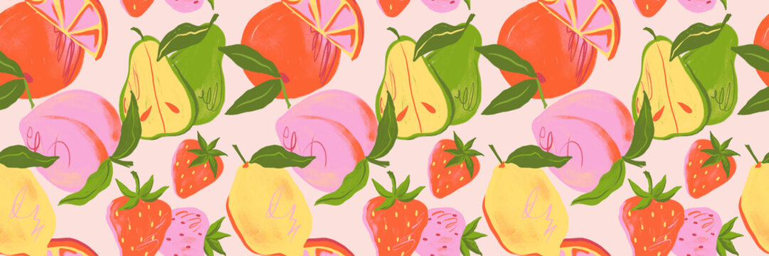 Seamless pattern of vibrant fruit illustrations featuring strawberries, lemons, peaches, oranges, and pears. Fun, colorful design with summer vibes