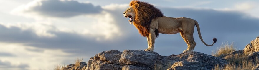 Fototapeta premium Majestic Lion Roaring on a Rock
