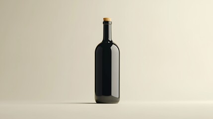 A single, dark-colored wine bottle with a cork stopper, standing upright against a light beige background.