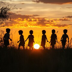 Fototapeta premium Silhouette of Refugee Kids at Sunset