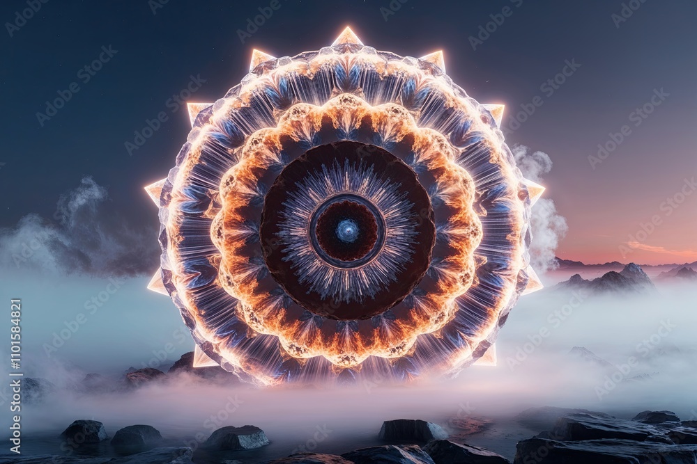 Poster radiant three-dimensional crystalline design with illuminated circular patterns in surreal mist
