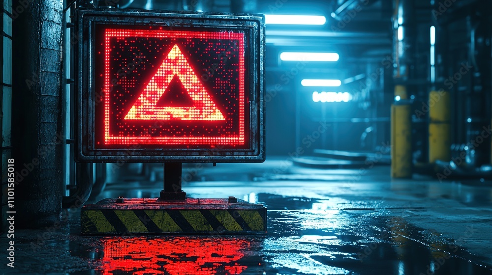 Poster a glowing red warning sign featuring a triangular shape in a dimly lit industrial setting, reflectin
