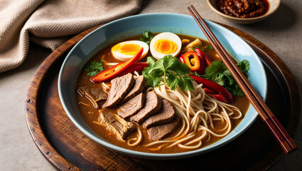 Bowl of ramen with beef, egg, and vegetables in rich broth.