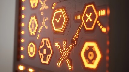 A close-up image of a futuristic interface with glowing orange icons, featuring geometric shapes and symbols, suggesting advanced technology or a control panel.