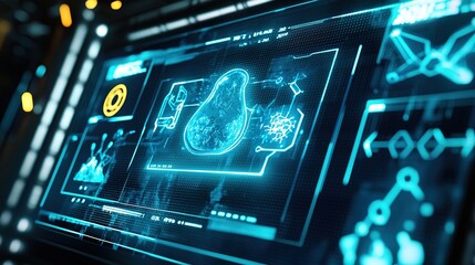 A futuristic digital interface displays holographic data and analytics, showcasing advanced technology and scientific information.