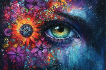 Naklejka premium Vibrant Eye with Floral Colors and Artistic Elements