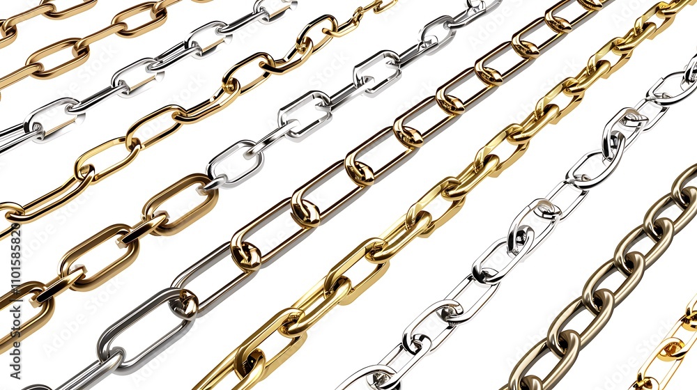 Poster a collection of metallic chains in various colors and styles, showcasing different link designs.