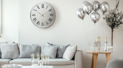 A modern living space with minimalistic New Years decorations, including silver balloons, a chic wall clock counting down, and a sleek champagne bar setup