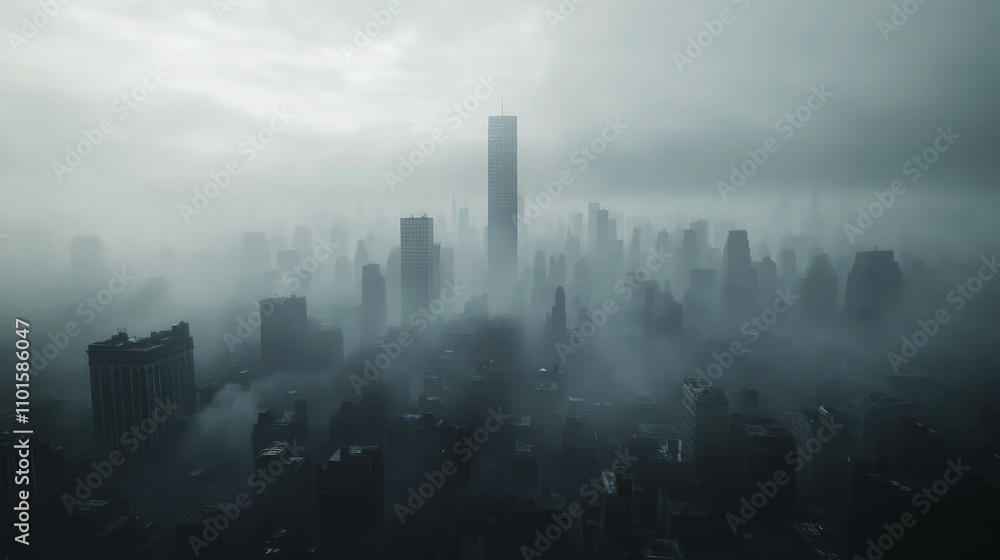 Poster a gloomy city under a blanket of gray smog with barely visible skyscrapers, creating a near-monochro