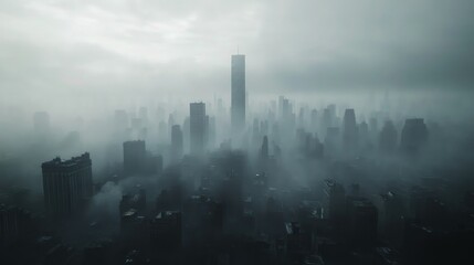 Fototapeta premium Dense fog blankets a towering urban metropolis skyline presenting a dramatic mood for financial or environmental editorial use.
