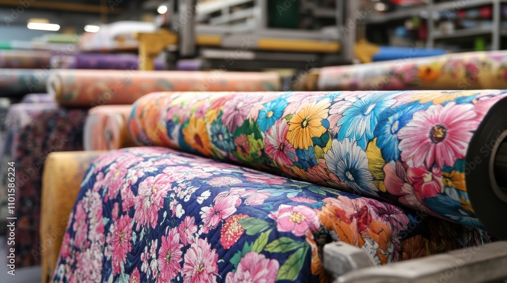 Aufkleber vibrant floral fabrics rolled and displayed in a textile factory, showcasing a colorful variety of p