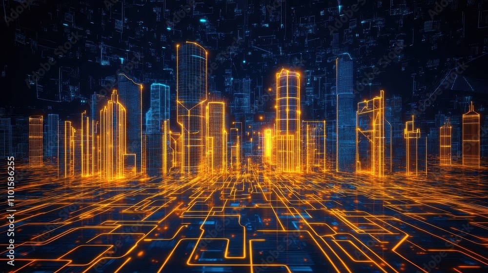 Poster a futuristic cityscape with glowing lines and digital elements representing technology.