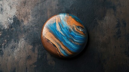 Colorful button with swirling blue and brown patterns on a textured dark background, showcasing a blend of earthy tones and vibrant hues.