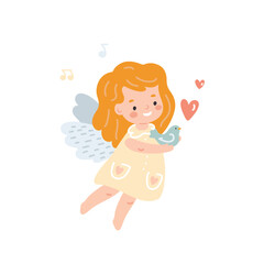 Cute little angel girl holding a bird in her hands. Flat style vector illustration