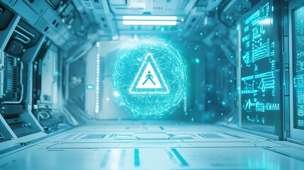 A futuristic corridor featuring a glowing digital triangular symbol, surrounded by holographic data displays and a high-tech ambiance.