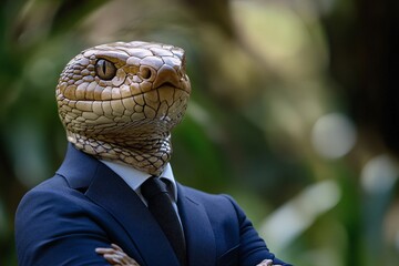 Fototapeta premium A suited man with a snake head confidently poses in a forest setting during early autumn