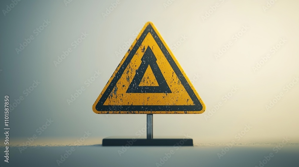 Poster a weathered yellow caution sign in a triangular shape, indicating potential danger or warning, set a