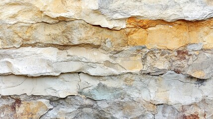 Fototapeta premium Layered Stone Wall: A close-up texture shot of a weathered stone wall reveals intricate layers of natural beauty, highlighting the raw and rugged appeal of nature's artistry. 
