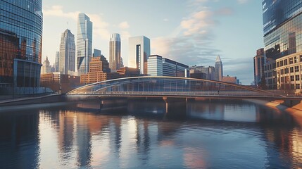 Naklejka premium A sleek bridge connecting a historic district with modern skyscrapers