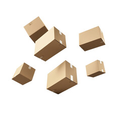 Fototapeta premium Flying Cardboard Boxes Isolated on Transparent Background, Realistic Floating Packaging Boxes in Motion, Ideal for Shipping, Delivery, and E-commerce Concepts, Generative AI