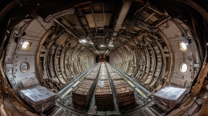A panoramic view of the airplane's cargo hold, filled with cargo pallets