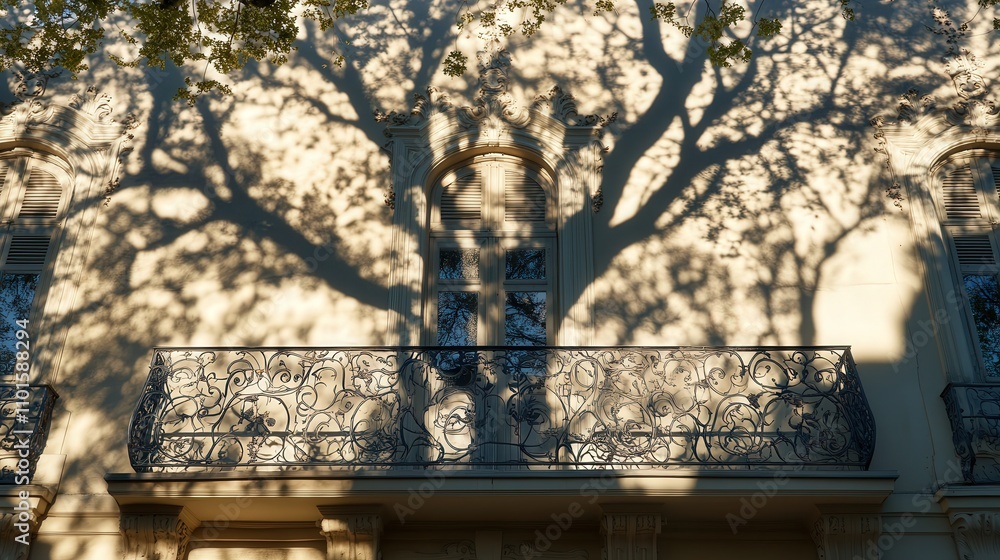 Poster a 4k photo of the beautiful shadow of a tree projected onto a building wall, the balcony creating an