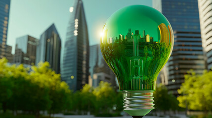 A green light bulb in a front of modern  city and trees.
