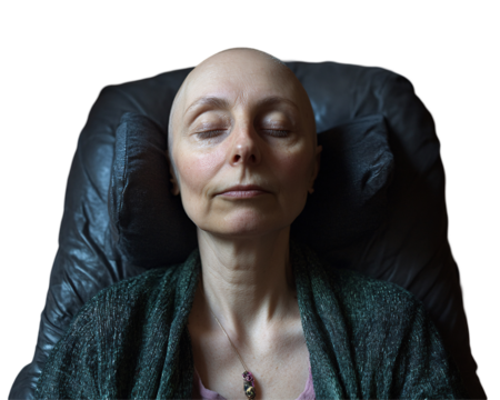 a woman sitting in a chair with her eyes closed