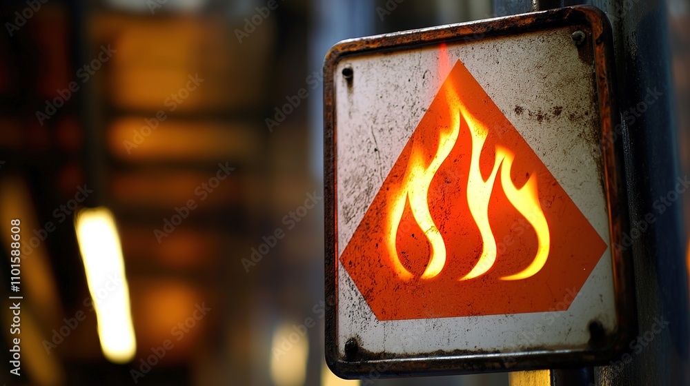 Poster a triangular fire warning sign displaying flames, indicating the presence of a fire hazard in an ind