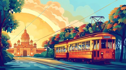 Obraz premium A vibrant illustration of a tram near an impressive building during sunset, showcasing urban transport and scenic beauty.