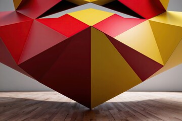 Vibrant 3D Rendering of Red and Yellow Geometric Tetrahedron Structure